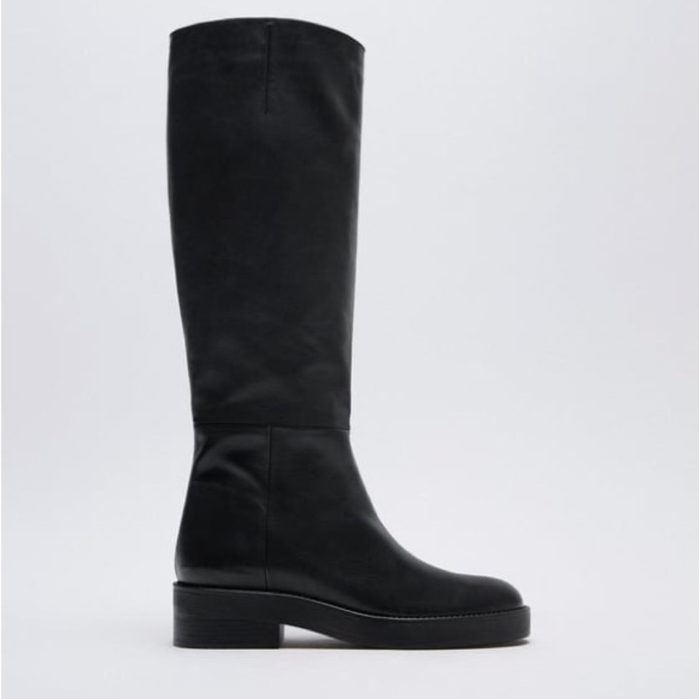 Zara Low Heeled Leather Tall Boots